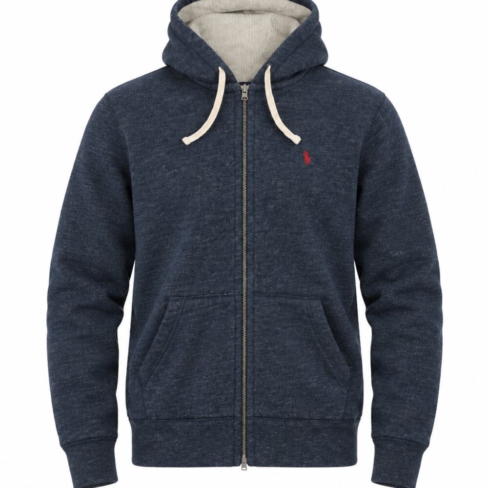 Polo Ralph Lauren Men's Large Blue Heather wafflle Knit Lined Full Zip Hoodie